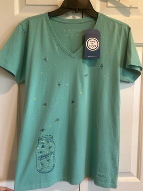 Life Is Good💚Mint Green V-Neck Tee with Firefly Mason Jar